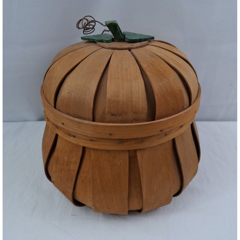 Orange Wooden Pumpkin Bushel Style Basket with Lid Farmhouse Fall Autumn Decor